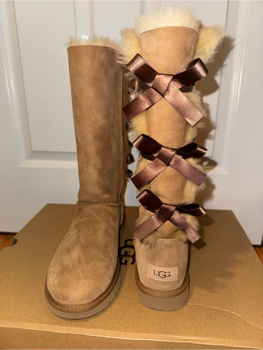 UGG Chestnut Tall Suede Boots with Brown Satin Bows